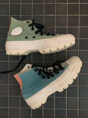 Converse High-Top Sneakers in Mint Green & Teal with Coral Heel